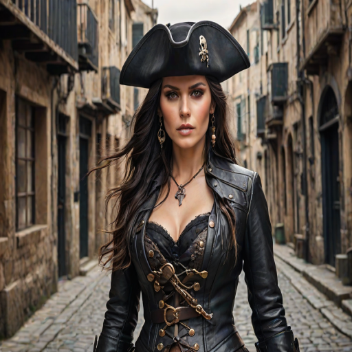 Create a portrait of a fierce female pirate. She wears a leather tricorn hat adorned with a skull and crossbones emblem, and her long, dark hair flows around her face. Her outfit consists of a richly detailed leather jacket, a corset, and multiple layers of belts and accessories, giving her a formidable and stylish appearance. She stands confidently in a dimly lit, historic port town, with a backdrop of weathered buildings and cobblestone streets, capturing the adventurous spirit of a pirate.