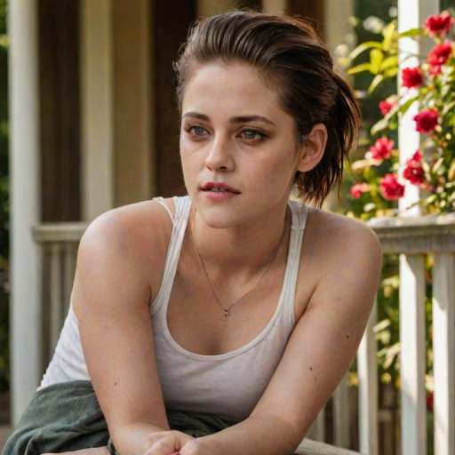 A photo of Kristen Stewart with a background of a cozy porch. She has dark hair pulled back in an updo, with tendrils framing her face. She wears a white tank top and sits on the porch. The porch is part of a well-lit home with a warm, earthy tone and colorful flowers and foliage. The overall scene has a warm, welcoming, and comfortable ambiance.