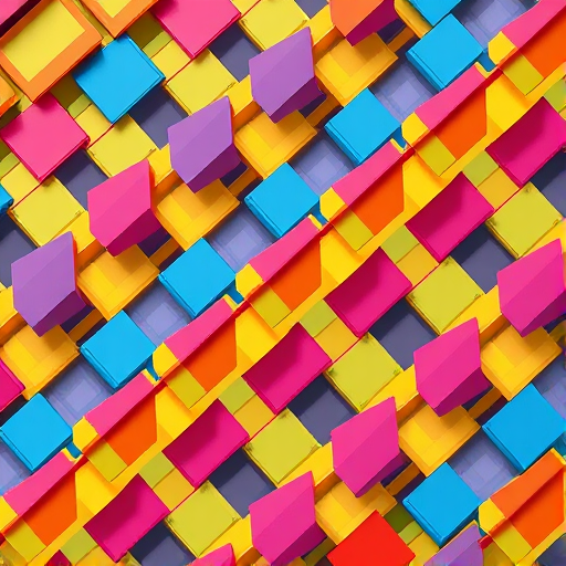 Generate a vibrant abstract pattern of colorful 3D squares arranged diagonally, captured with a DSLR camera at f/5.6 aperture, ISO 100, 50mm lens, using soft diffused lighting for enhanced depth and texture.