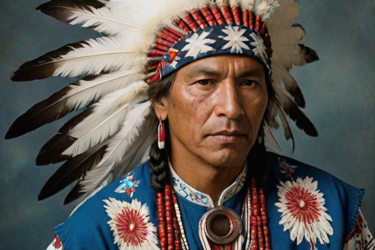 Create a dignified portrait of a Native American man dressed in traditional attire. He wears a beautifully crafted headdress adorned with white feathers and red beads, along with a beaded headband featuring intricate patterns. His clothing includes a deep blue, patterned shirt and a traditional chest piece with detailed beadwork. His arms are crossed, displaying leather armbands decorated with feathers. The background is simple and neutral, emphasizing his proud and stoic expression. The overall image captures the rich cultural heritage and strength of his persona.