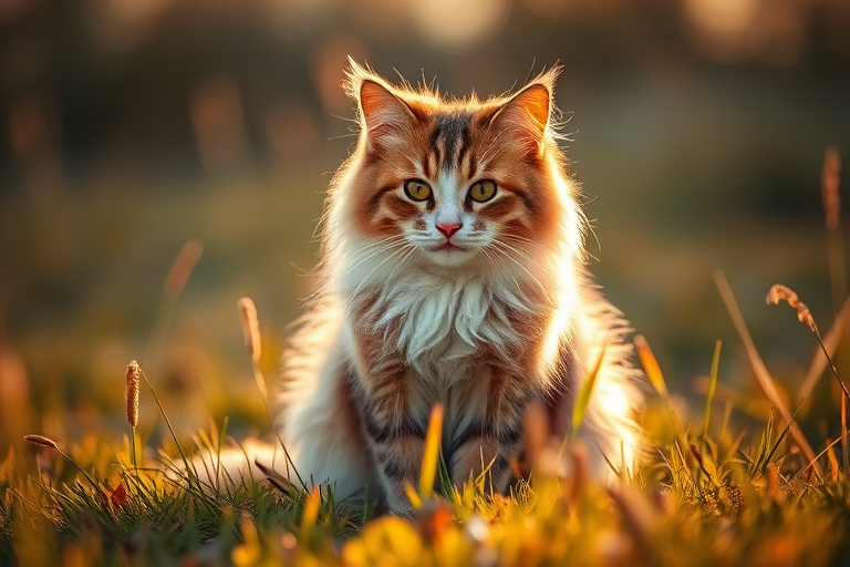 Create a high-quality image of a fluffy cat sitting in a grassy area during golden hour, shot with a Canon EOS R5, aperture f/2.8, shutter speed 1/100s, ISO 100, portrait view with a shallow depth of field to enhance background blur.