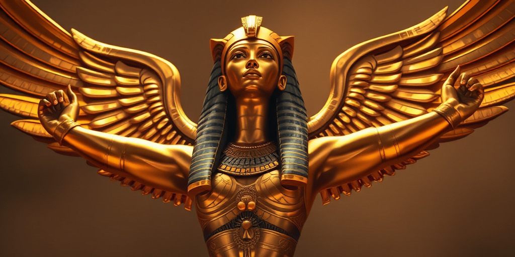 Create a highly detailed digital illustration of an ancient Egyptian goddess with outstretched wings, using a golden color palette, shot using a Canon EOS R5 at f/8, 1/125 sec, ISO 100 with a 50mm lens, in a soft light setting to enhance reflections and textures.