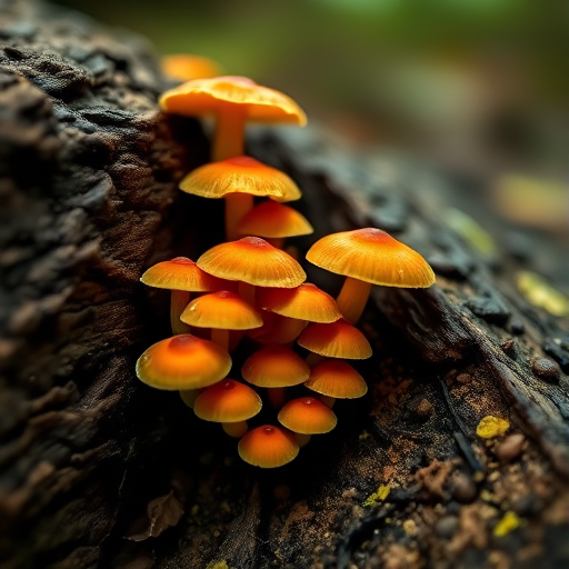 Capture a close-up of vibrant orange mushrooms growing on a log, using a DSLR camera with a 50mm lens, aperture set to f/2.8 for a shallow depth of field, ISO 200 for fine detail, and natural light for soft illumination.