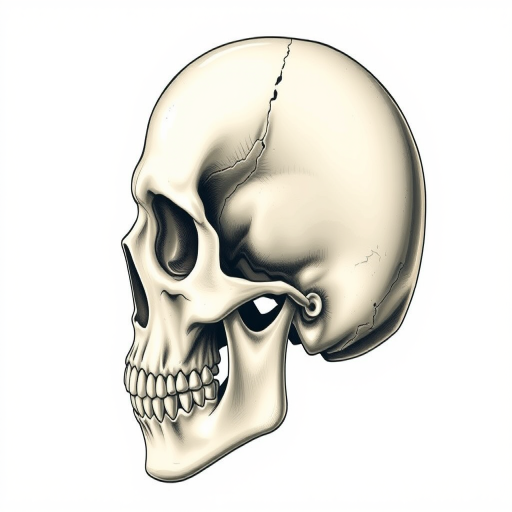 Generate a detailed illustration of a human skull, side view, with high contrast and smooth shading, using a DSLR camera with an aperture of f/8, shutter speed of 1/100s, ISO 200, and a macro lens to enhance image clarity and depth.