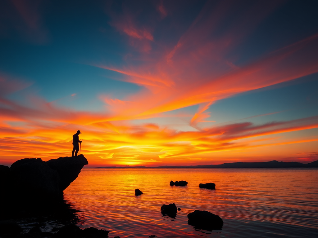 a lone fisherman standing on a rock at sunset, silhouetted against a vibrant orange sky, reflecting on calm water, captured with a Canon EOS R5 at f/8, ISO 100, 24mm lens, wide angle, high dynamic range photography