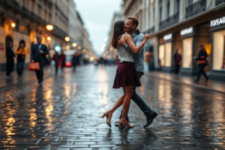 Blurry, candid shot of a couple dancing in the rain on a cobblestone street, the wet ground reflecting the soft glow of nearby streetlights, with distant pedestrians watching from under umbrellas.