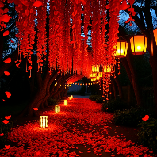 A serene pathway illuminated by glowing lanterns surrounded by vibrant orange flower petals cascading from above creating a magical and enchanting atmosphere during twilight.