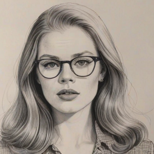 Splendid Freya Ridings, pencil sketch, portrait of Magnificent woman 1960s in glasses, hair style beatnik, outline, clear lines, fine lines, 8k