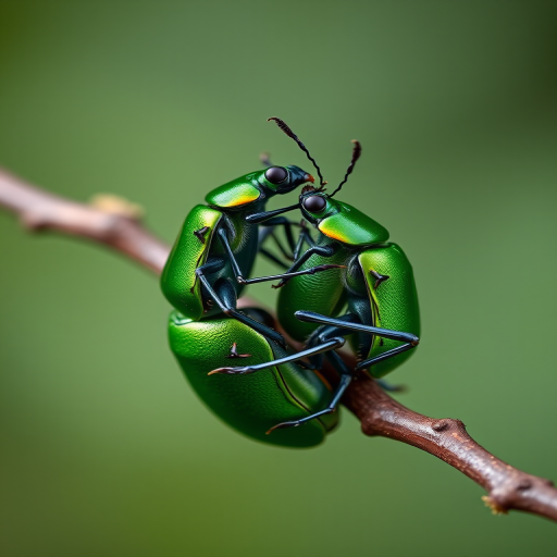 High-resolution macro photography of two vibrant green beetles mating on a branch, with a shallow depth of field, using a Canon EOS 5D Mark IV, 100mm f/2.8 macro lens, aperture f/2.8, ISO 200, shutter speed 1/200s, soft natural light, and a blurred background for enhanced detail.