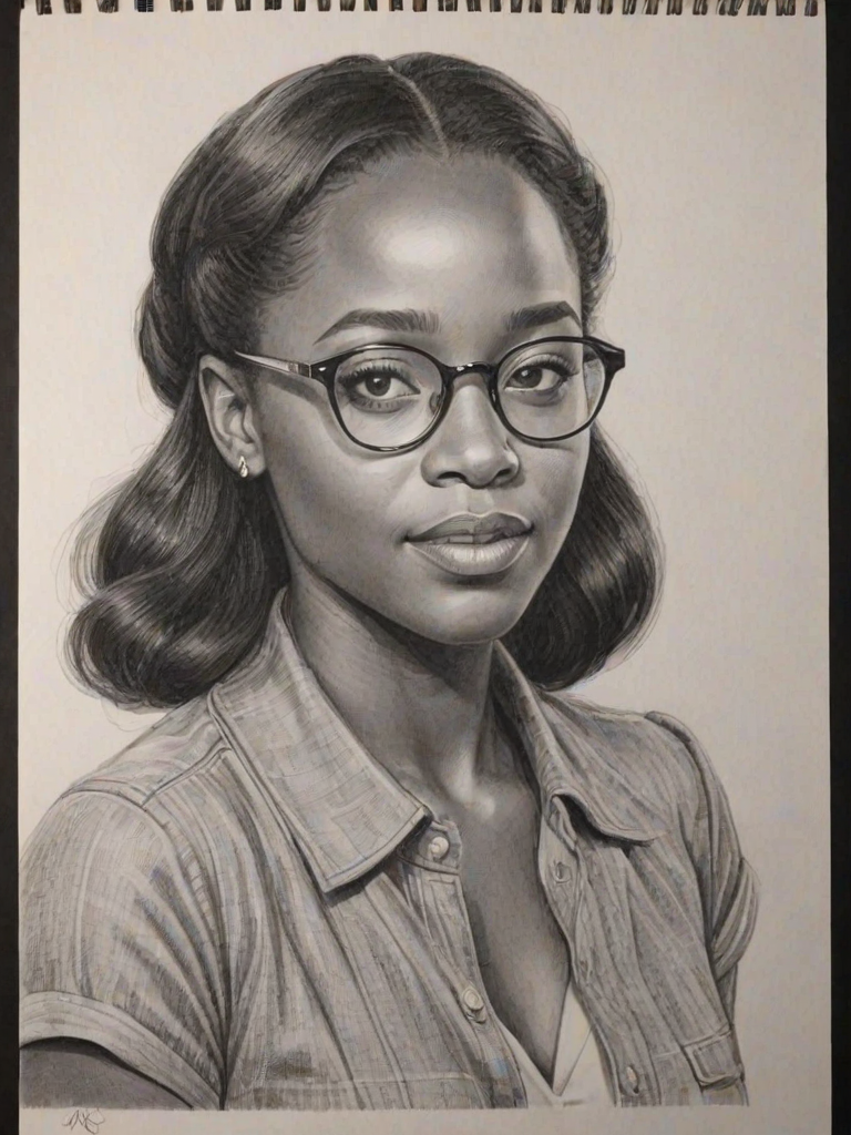Charming Aja Naomi King, pencil sketch, portrait of Fetching woman 1945s in glasses, hair style beatnik, outline, clear lines, fine lines, 8k