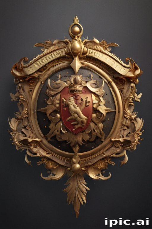 Ornate Golden Shield with a Lion Crest and Elaborate Floral Design
