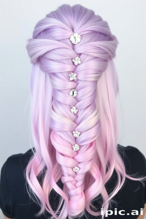 Ethereal lavender strands blend seamlessly into soft pink ends, forming a delicate waterfall braid crowned with sparkling crystal hairpins, showcasing the enchanting "Fairy Whisper" hairdo