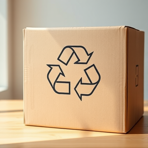 Create a high-resolution image of a cardboard box with a recycling symbol on it, using a DSLR camera set to f/8 aperture, ISO 100, and a shutter speed of 1/125 seconds, shot from a 45-degree angle to enhance depth and detail in natural lighting.