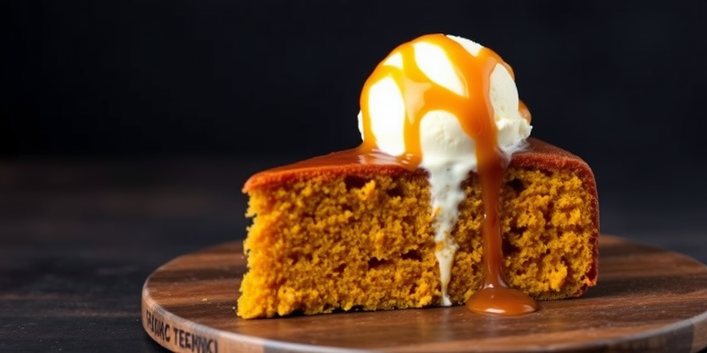 A slice of moist pumpkin cake topped with creamy vanilla ice cream and drizzled with rich caramel sauce, presented on a dark wooden surface with a blurred black background.