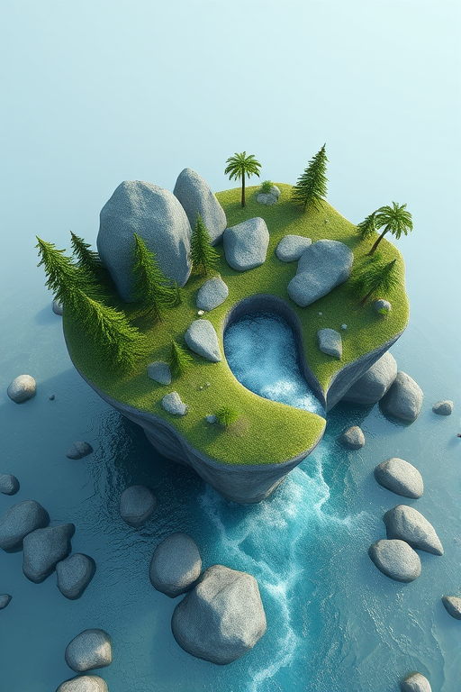 Create a 3D rendered floating island landscape with a river flowing through it, featuring stylized rocks and pine trees, captured with a DSLR camera at f/8, ISO 100, 1/200s shutter speed, wide-angle lens, overhead view for depth and detail.