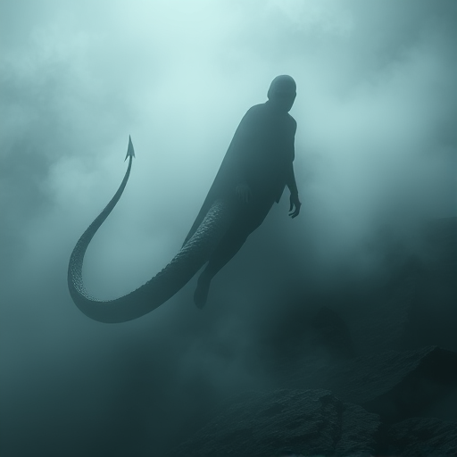 Create a high-resolution image of a serpentine figure emerging from dense mist with a sinister, sharp-edged tail, use a 50mm lens with f/1.8 aperture, ISO 100, and a shutter speed of 1/200s, shot from a low angle to enhance the dramatic effect, using a mirrorless camera for clarity and depth.