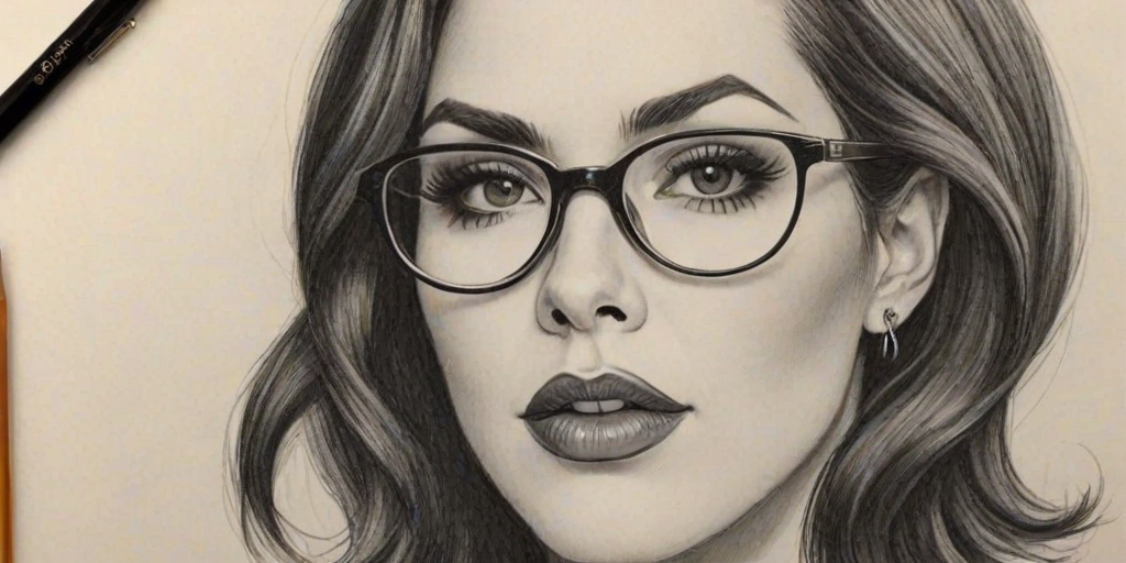 Charming Kat Von D, pencil sketch, portrait of Bewitching woman 1931s in glasses, hair style beatnik, outline, clear lines, fine lines, 8k