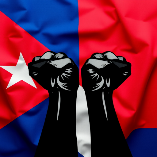 Create a high-resolution image of a stylized Cuban flag with a focus on two raised black fists in the center, using a DSLR camera with a 35mm lens, aperture set to f/8, ISO 100, in a vibrant color style and slightly overhead view for clarity.