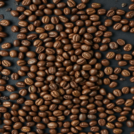 regenerate an image of a large coffee bean shape formed by various coffee beans scattered across a dark background, taken with a DSLR camera at f/2.8 aperture, ISO 100, with a shallow depth of field and a top-down view to enhance texture and detail.