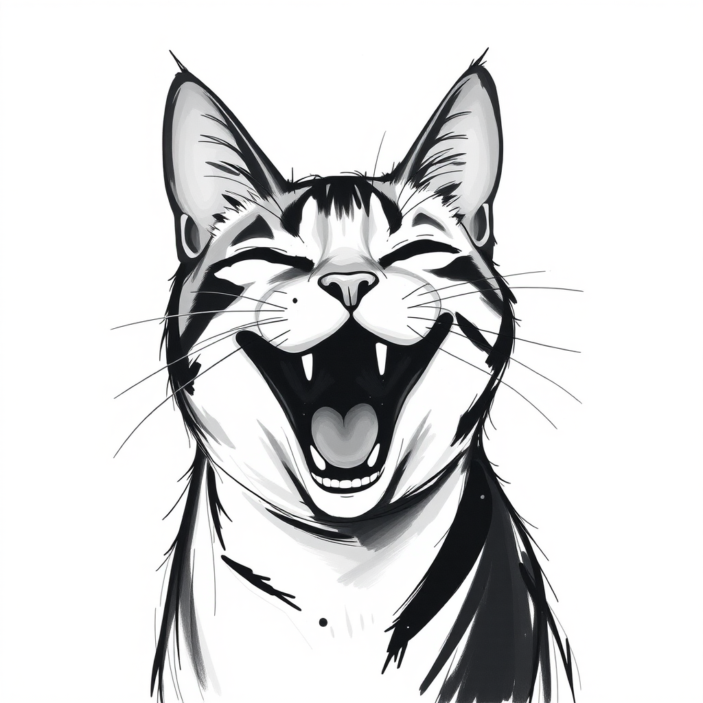 Abstract black and white acrylic portrait of an over exaggerated laughing (cat). Minimalism style. White background.