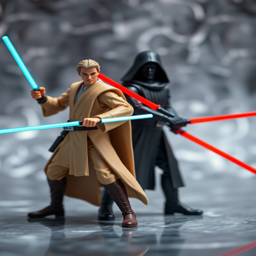 Create a high-resolution image of two iconic action figures, one resembling a Jedi knight in beige attire and the other resembling a Sith lord in a black cloak, positioned dynamically with brightly colored light sabers drawn against a blurred abstract background, shot with a DSLR camera using a 50mm lens, aperture set to f/1.8 for shallow depth of field, ISO 200 for clear details, and a shutter speed of 1/100 sec to freeze motion.