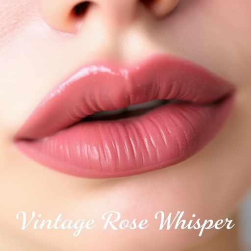 Dusty mauve lips with a soft, powdery finish and blurred edges, titled "Vintage Rose Whisper"