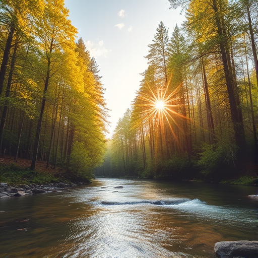 Create an image of a serene, sunlit forest scene with a clear, gently flowing river. Tall trees with lush green foliage line both sides of the river, their leaves bathed in the warm golden light of the setting or rising sun. The sunlight filters through the trees, casting soft, dappled light on the river, which flows over smooth rocks and pebbles, creating a peaceful, natural atmosphere. The sky is bright with a few scattered clouds, and the overall mood is tranquil, evoking a deep sense of connection with nature. The image captures the beauty of a calm, pristine forest landscape at either dawn or dusk.