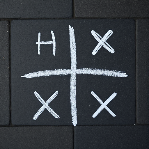 create an image of a chalk-drawn tic-tac-toe board on a dark textured stone surface, shot with a Canon EOS R5 camera at f/8 aperture, ISO 100, 1/100s shutter speed, top-down view, in natural light for enhanced clarity and contrast