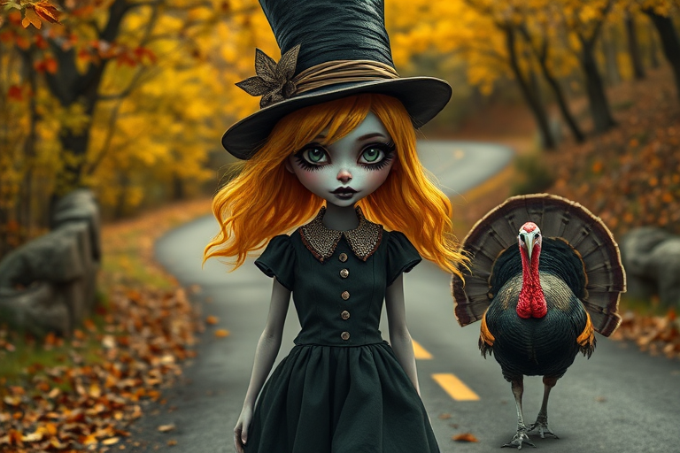 digital art fantasy depicting a strange girl with Yellow hair, long eyelashes, black lipstick and a tall hat walking along a winding road on an autumn afternoon, an Turkey smiles as she passes