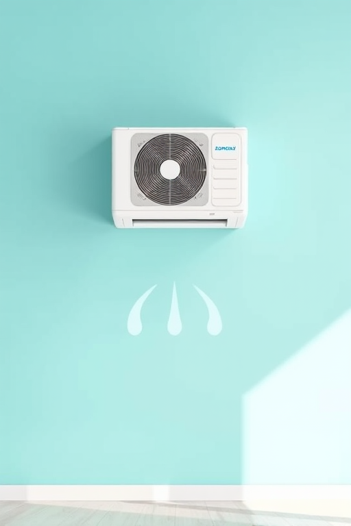 Create a minimalist vector illustration of a modern air conditioning unit mounted on a wall, with three stylized air flow lines below, using a clean turquoise background, shot with a Canon EOS 5D Mark IV, 50mm lens, f/1.8 aperture, ISO 100, and soft natural lighting for a crisp look.