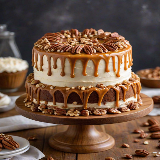 Generate an image of a beautifully decorated cake on a wooden serving stand. The cake is layered with cream frosting, featuring decorative swirls on top and a pecan in the center. The sides are adorned with chopped nuts, and there is a caramel drizzle cascading down the sides. The background is softly blurred to focus on the cake.