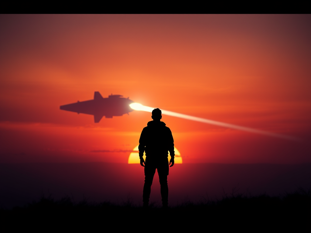 Create a high-resolution digital artwork of a silhouetted figure standing against a dramatic sunset, watching a futuristic spaceship firing beams of light, using a Canon EOS R5 with a 24-70mm lens, aperture f/8, ISO 100, shot from a low angle in a cinematic style.