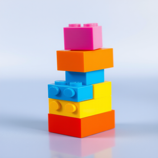 Create a vibrant illustration of four stacked LEGO bricks in pink, orange, yellow, and blue against a transparent background, with a 50mm lens, f/8 aperture, 1/125 sec shutter speed, shot in a top-down view for clear details and bright colors.