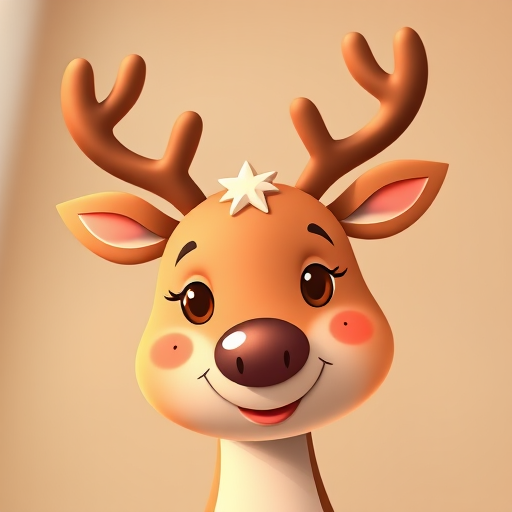 Create a cute cartoon-style reindeer face with a smooth texture, warm color palette, soft lighting, and a cheerful expression, captured with a DSLR camera using a 50mm lens at f/1.8, ISO 100, and a slight bokeh effect in the background.