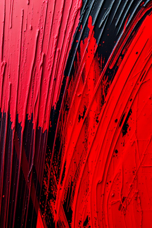 Create an abstract artistic image with deep reds and blacks, featuring textured brush strokes, using a Canon EOS R5 camera with a 50mm lens, aperture f/1.8, ISO 100, shot from a close-up view, with a high dynamic range to enhance the vibrancy and contrast of colors.
