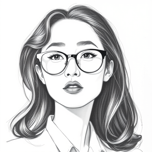 Beauteous Eleanore Matsuura, pencil sketch, portrait of Captivating woman 1944s in glasses, hair style beatnik, outline, clear lines, fine lines, 8k