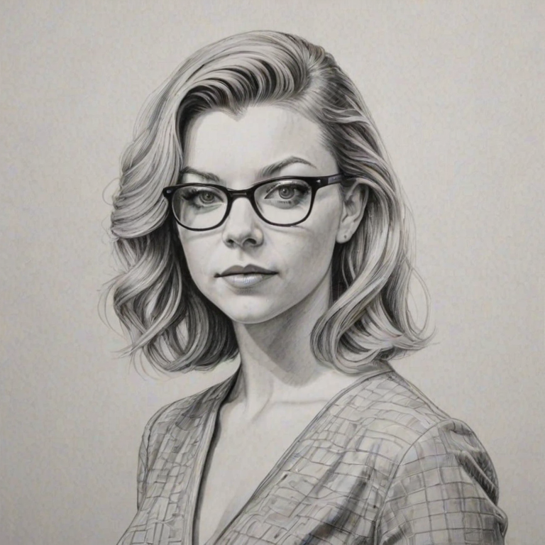 Appealing Natalie Dormer, pencil sketch, portrait of Radiant woman 1952s in glasses, hair style beatnik, outline, clear lines, fine lines, 8k