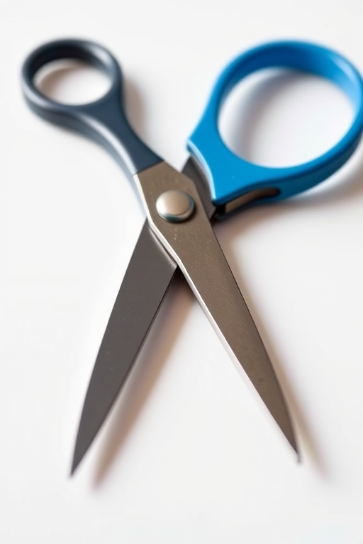 Generate a high-quality image of a pair of scissors with a blue handle, using a DSLR camera with a 50mm lens, aperture set to f/2.8, shot in macro mode for close-up detail, natural lighting for soft shadows, and a clean white background to enhance focus on the scissors.