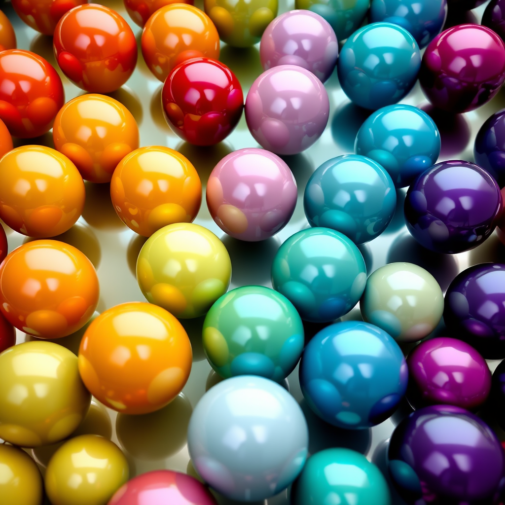 Create a high-resolution image featuring multiple rows of glossy spheres in a gradient of colors, using a DSLR camera with a 50mm lens at f/2.8, ISO 100, shutter speed 1/100s, top-down view, soft diffused lighting to enhance reflections.
