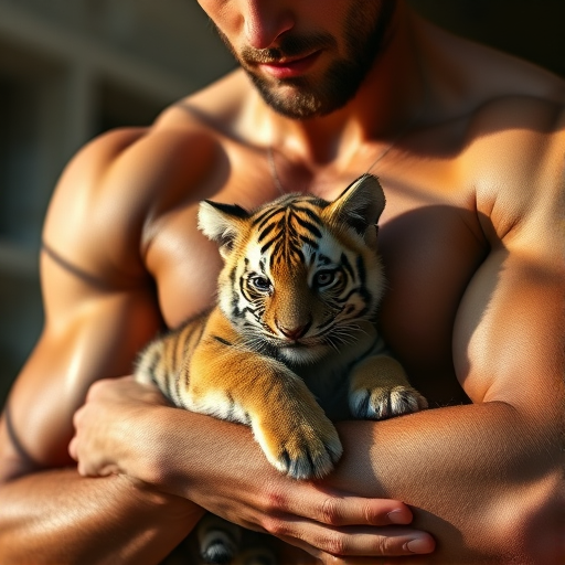 Capture a high-resolution image of a muscular male figure holding a small tiger cub, with a focus on the interplay of light and shadow on the skin, shot in natural daylight using a DSLR camera, 50mm lens, f/1.8 aperture, ISO 100, and a shallow depth of field for a soft background.