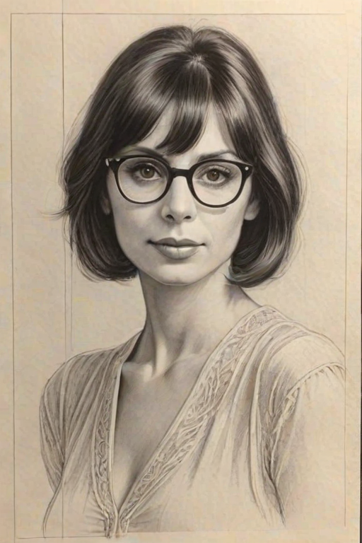 Enchanting Talia Shire, pencil sketch, portrait of Beauteous woman 1928s in glasses, hair style beatnik, outline, clear lines, fine lines, 8k