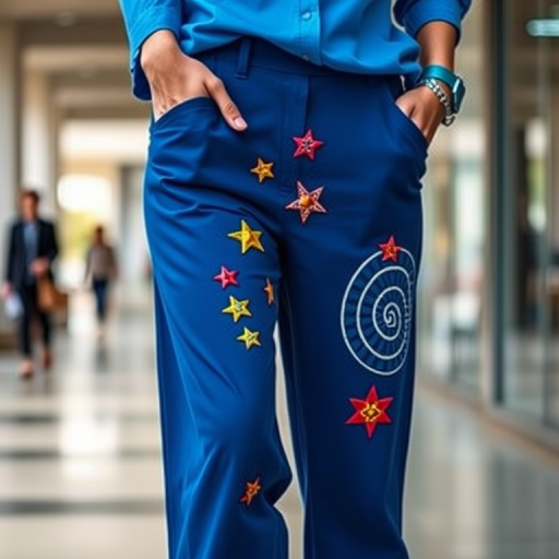 Create an image of stylish blue pants featuring colorful embroidery designs like stars and a spiral in a modern fashion setting, DSLR camera, f/2.8 aperture, ISO 100, 50mm lens, natural lighting, vibrant colors, shallow depth of field.