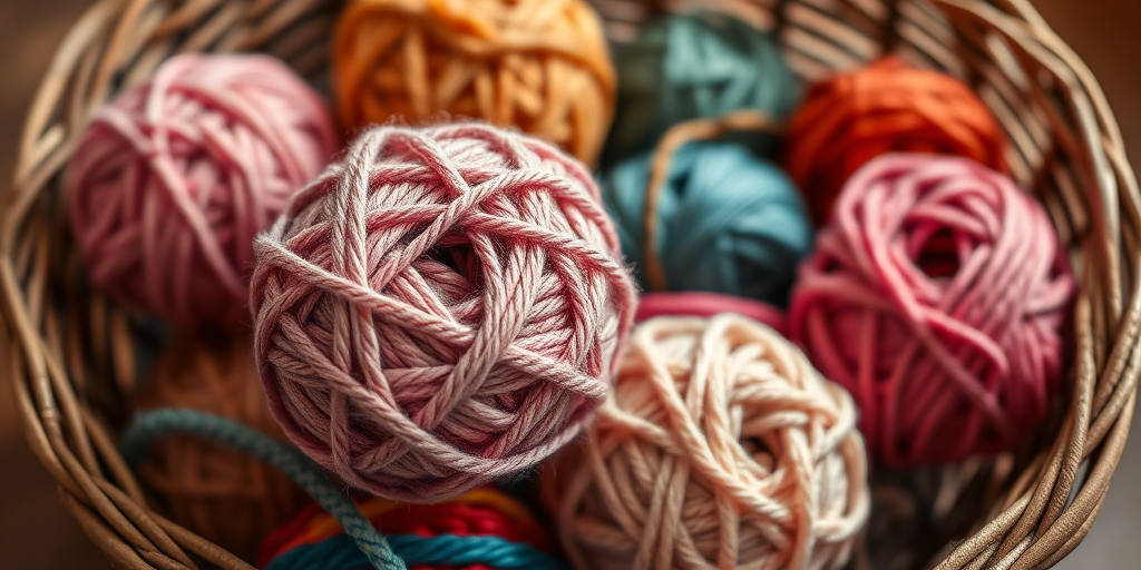 A close-up shot of a woven basket filled with colorful yarn balls, soft diffused lighting, shallow depth of field, f/2.8 aperture, ISO 200, 50mm lens, Canon DSLR, natural light, slightly above view to capture texture and details, emphasize warm tones.