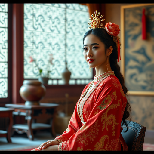 A beautiful Tongan woman in traditional East Asian attire, intricately detailed with embroidered patterns, sitting gracefully in a richly decorated room, soft ambient lighting, serene and elegant, ultra-realistic, 8K resolution