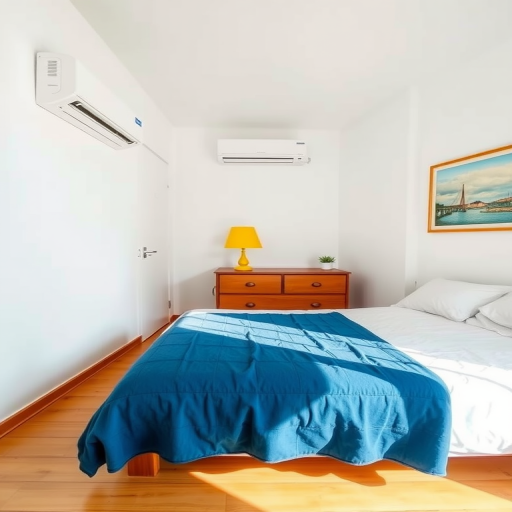 Create a bright, minimalist bedroom scene featuring a bed with a blue blanket, a wooden dresser, a yellow lamp, an air conditioning unit on the wall, and a scenic painting, captured with a DSLR camera, 50mm lens, f/2.8 aperture, ISO 100, natural light, wide-angle view.