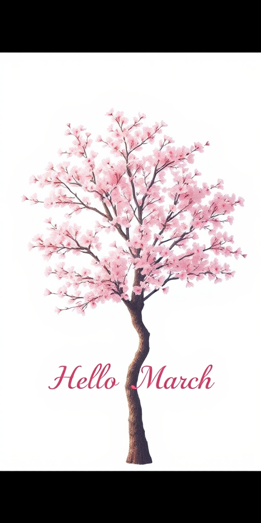 Generate an illustration of a solitary cherry blossom tree in full bloom, with soft pink petals, against a minimalist white background, with the text "Hello March" in elegant typography, shot with a Canon EOS R5, 50mm lens, aperture f/2.8, ISO 100, soft focus effect to enhance the dreamy quality.