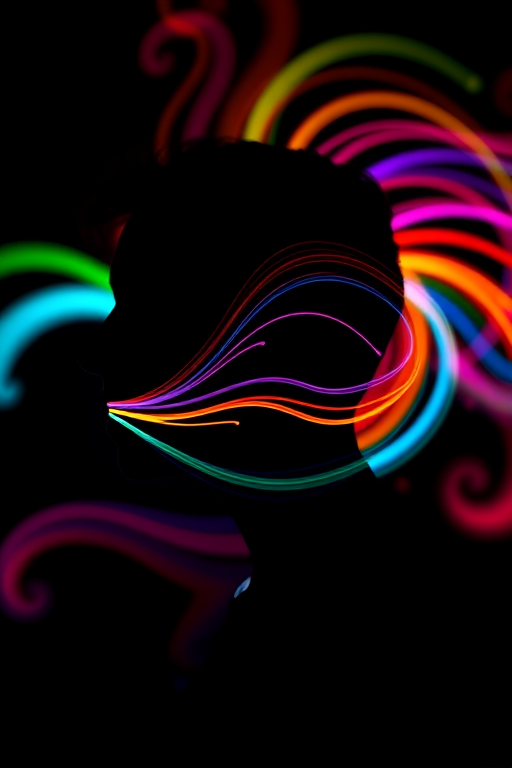 Generate an image of a profile silhouette of a person's head facing right with vibrant, swirling colorful lines emanating from the mouth, shot with a DSLR camera at 50mm focal length, aperture f/1.8, ISO 100, with a shallow depth of field for a smooth background blur and high contrast colors.