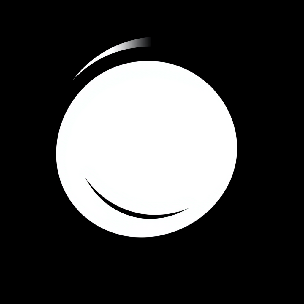 Create a high-contrast minimalist logo design featuring a central white circle with dynamic swooshes in a black background, using a Canon EOS R5 camera with a 50mm f/1.2 lens, aperture set to f/2.8, ISO 100, and a slight vignette effect for depth.
