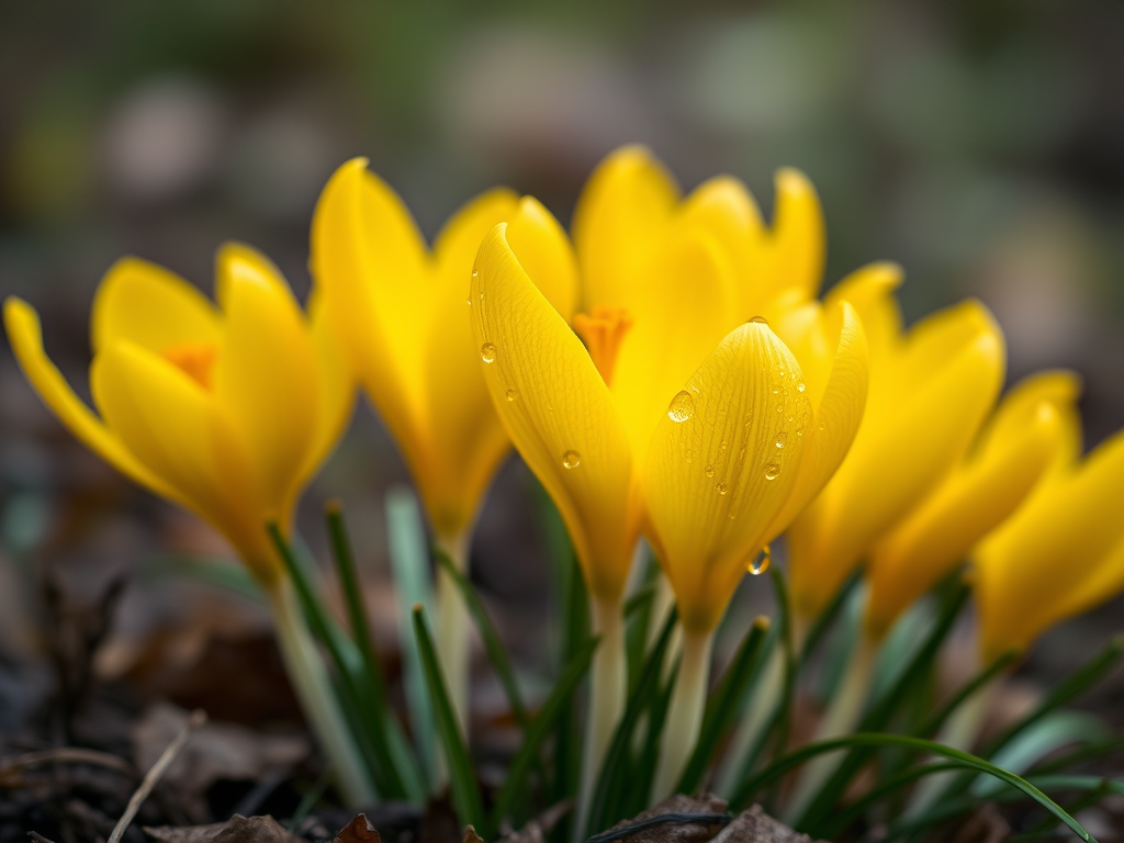 Close-up shot of vibrant yellow crocus flowers with dewdrops, taken with a DSLR camera using a 50mm f/1.8 lens, aperture set to f/2.8, ISO 200, 1/250 sec shutter speed, natural light, shallow depth of field for a soft background blur.