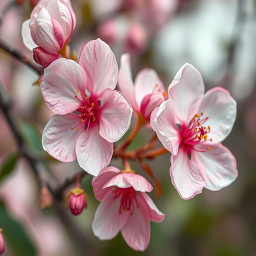 High-resolution floral artwork featuring pink and white blossoms with delicate petals and abstract backgrounds, shot with a DSLR camera using a 50mm lens, aperture set to f/2.8, ISO 100, and soft focus style.